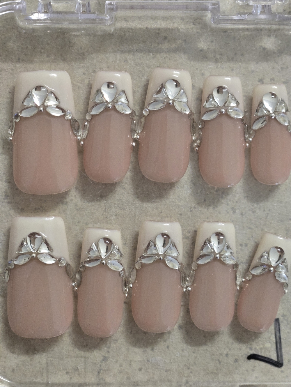 Nude Blush Rhinestone French Press-On Nails - Women Makeup, Medium Length Square